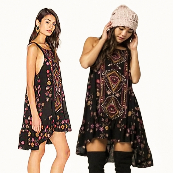 FREE PEOPLE Annka Boarder Slip Dress In Black Combo Size Small Boho Floral Print - Picture 1 of 9